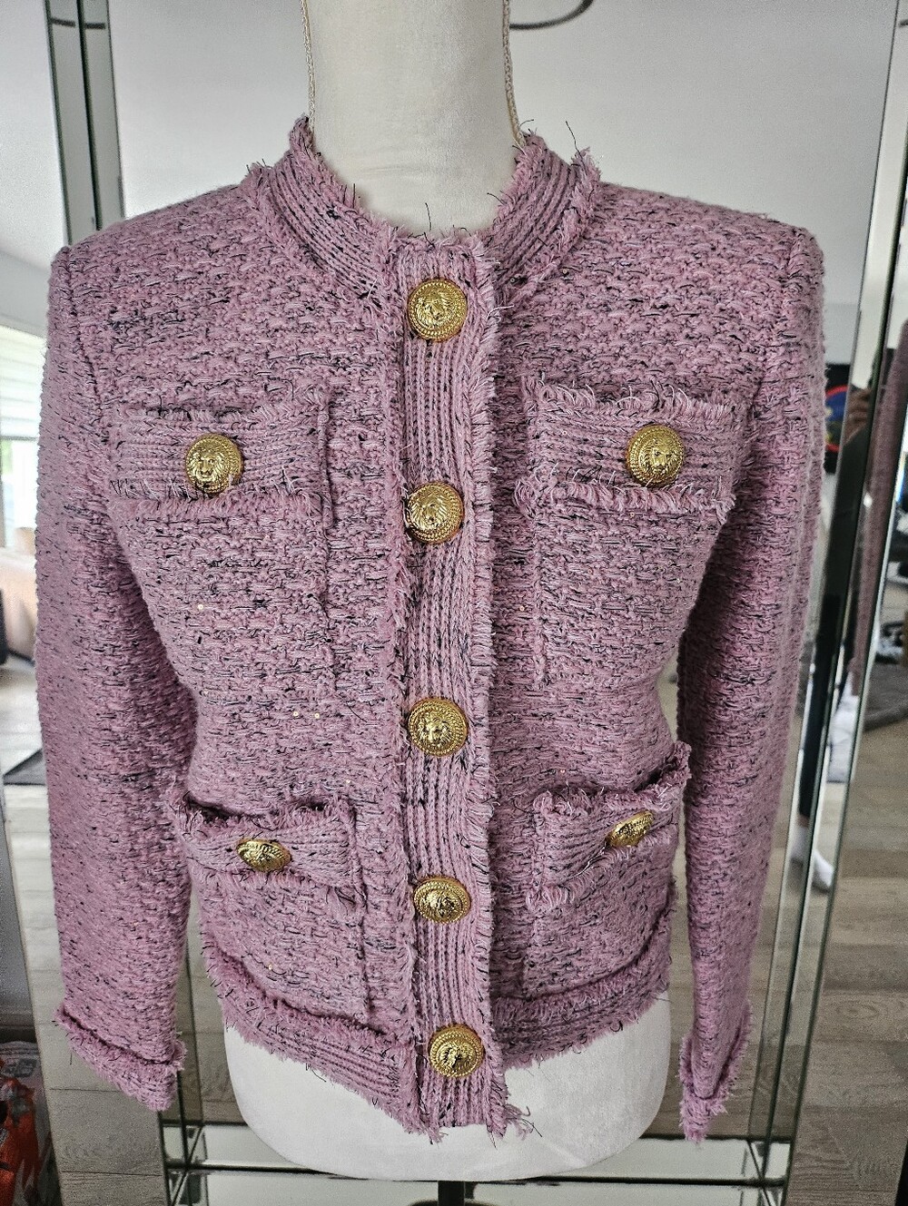 NWT Benaar LA Bethany Pink Tweed Bouclé Jacket Gold Lion Snap Buttons M $210